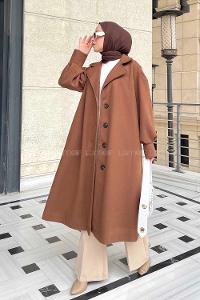 Brown Scope Neck Balloon Sleeve Arm Stamp Fabric Coat