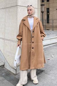 Lamelif Royalty Balon Kol Düz Kaşe Kaban Vizonrengi