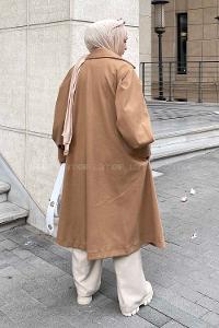 Lamelif Royalty Balon Kol Düz Kaşe Kaban Vizonrengi