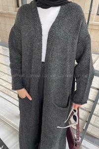 Lamelif Uzun Triko Hırka Antrasit