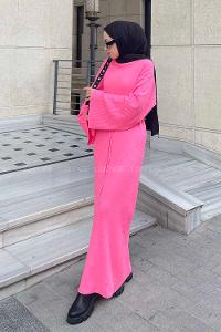 Candy Pink Normal Neck Wool Acrylic Unprinted Dresess