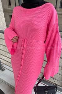 Candy Pink Normal Neck Wool Acrylic Unprinted Dresess
