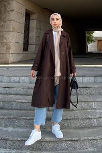 Lamelif Çizgili Trençkot Kahve