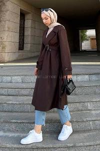 Lamelif Çizgili Trençkot Kahve