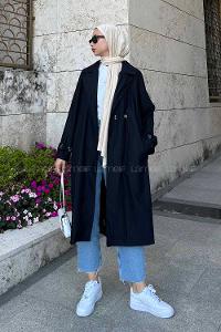 Lamelif Çizgili Trençkot Siyah