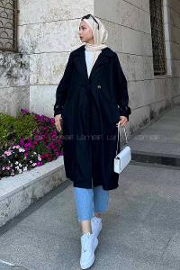 Lamelif Çizgili Trençkot Siyah