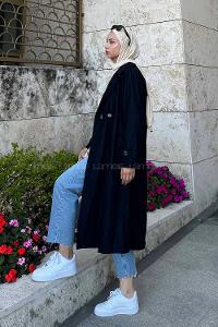 Lamelif Çizgili Trençkot Siyah