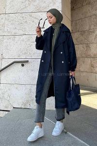 Navy Blue Long Arm Belted Poplin Fabric Trench Coat