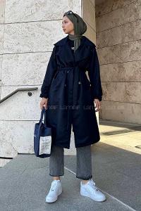 Navy Blue Long Arm Belted Poplin Fabric Trench Coat