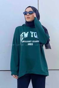 Emerald Green Hood Neck Long Arm Printed Sweatshirt