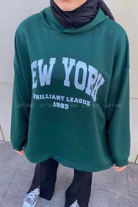 Emerald Green Hood Neck Long Arm Printed Sweatshirt