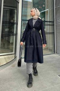 Navy Blue Long Arm Belted Poplin Fabric Trench Coat
