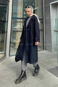 Navy Blue Long Arm Belted Poplin Fabric Trench Coat