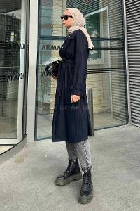 Navy Blue Long Arm Belted Poplin Fabric Trench Coat