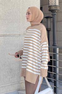 Lamelif Çizgili Uzun Kazak Sütlü Kahve