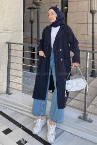 Lamelif Cuerpo Çizgi Detaylı Trençkot Lacivert