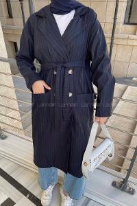 Lamelif Cuerpo Çizgi Detaylı Trençkot Lacivert