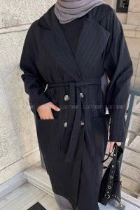 Lamelif Cuerpo Çizgi Detaylı Trençkot Siyah