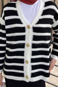 Lamelif  Kalın Çizgili Yumoş Hırka Siyah Beyaz