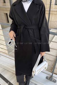 Lamelif Pis Dikişli Kaşe Kaban Siyah