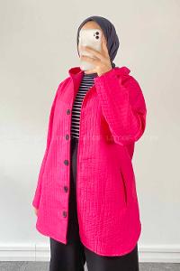 Fuchsia Hood Neck Long Arm Poplin Fabric Jacket