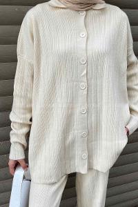 Cream Polo Neck Collar Long Arm Knitwear Comfortable Suit