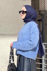 Indigo Medium Crew Neck Long Arm Wool Knitwear Cardigan