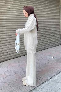 Stone Choker Neck Long Arm Without Accessories Knitwear Regular Trousers Comfortable Suit