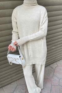 Stone Choker Neck Long Arm Without Accessories Knitwear Regular Trousers Comfortable Suit