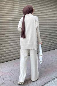 Stone Choker Neck Long Arm Without Accessories Knitwear Regular Trousers Comfortable Suit