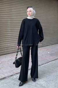 Lamelif Tabata Fitilli Tesettür Takım Siyah