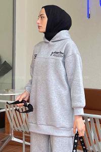 Modalamelid Dikiş Ve Yazı  Baskı Detaylı Sweatshirt Gri