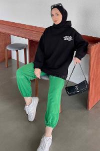 Black Hood Neck Long Arm Printed Sweatshirt