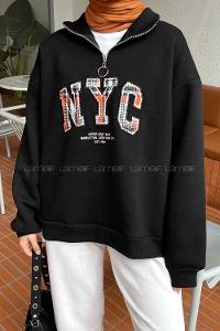 Black Zippered Neck Long Arm Printed Sweatshirt