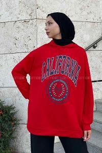 Red Hood Neck Long Arm Printed Sweatshirt