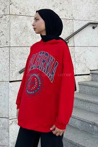Red Hood Neck Long Arm Printed Sweatshirt
