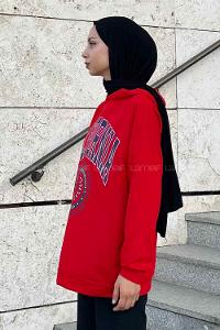 Red Hood Neck Long Arm Printed Sweatshirt