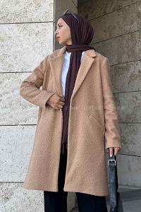 Lamelif Valeria Tek Düğmeli Peluş Kaban Sütlü Kahve