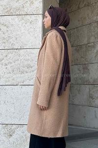 Lamelif Valeria Tek Düğmeli Peluş Kaban Sütlü Kahve