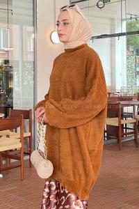 Tan Turtle Neck Cotton Lycra Unprinted Tunic