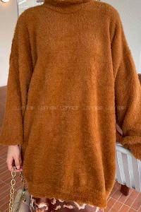 Tan Turtle Neck Cotton Lycra Unprinted Tunic