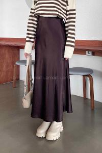 Brown Satin Fabric Flare Skirt
