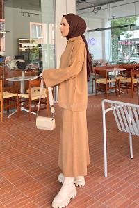 Brown With Milk Polo Neck Collar Long Arm Knitwear Straight Skirt Suit