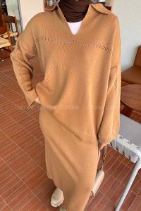 Brown With Milk Polo Neck Collar Long Arm Knitwear Straight Skirt Suit