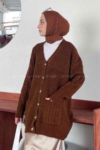 Bitter Brown V Neck Long Arm Wool Knitwear Cardigan