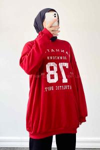 Red Crew Neck Long Arm Printed Sweatshirt