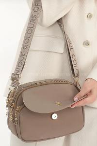 Lamelif Üç Bölmeli Buzzy Kumaş Kadın Omuz Çantası Vizonrengi