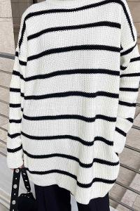 Lamelif Cermen Çizgili Bisiklet Yaka Kazak Beyaz