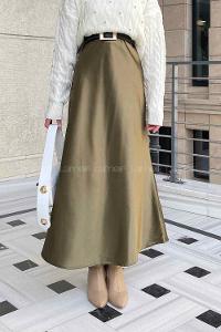 Lamelif Düz Saten Çan Etek  Haki