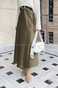 Lamelif Düz Saten Çan Etek  Haki